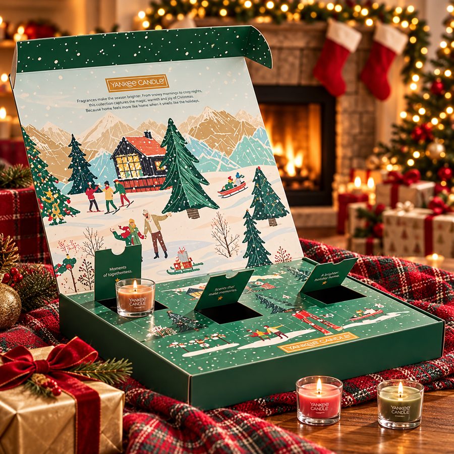 Caja de adviento verde abierta, con ilustración de un paisaje nevado en la tapa, velas encendidas y una chimenea al fondo