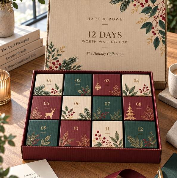 Caja de adviento kraft con doce estuches numerados en verde, vino y crema