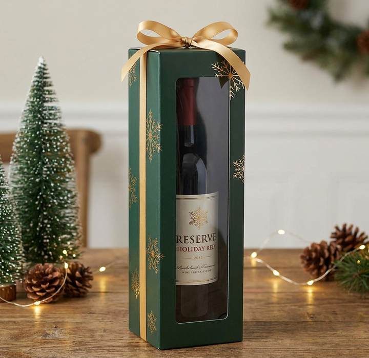 Caja verde para una botella de vino con ventana, copos dorados y lazo dorado