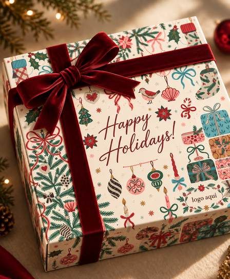 Caja crema con ilustraciones navideñas, lazo de terciopelo y el texto Happy Holidays