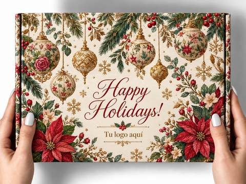 Caja crema con esferas doradas, flores de nochebuena y el texto Happy Holidays