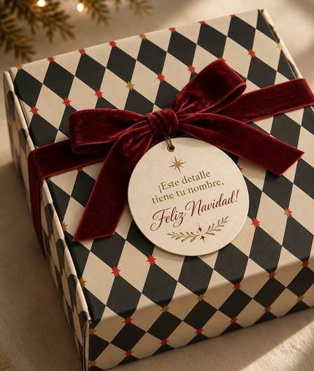 Caja con rombos negros y crema, lazo de terciopelo vino y tag Feliz Navidad