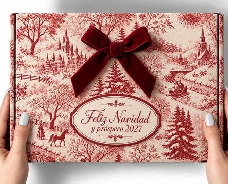 Caja con ilustración toile roja y el texto Feliz Navidad y próspero 2027