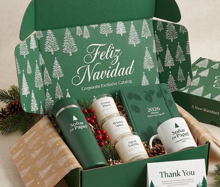 Kit en caja verde con árboles blancos, termo, velas, agenda 2026, taza y tarjeta Thank You