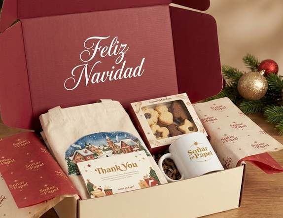Kit en caja vino con tote bag, galletas, taza, tissue estampado y tarjeta Thank You