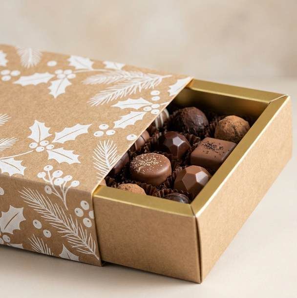 Caja kraft slider con acebo blanco abierta con chocolates