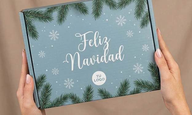 Caja mailer azul grisáceo con ramas de pino y el texto Feliz Navidad