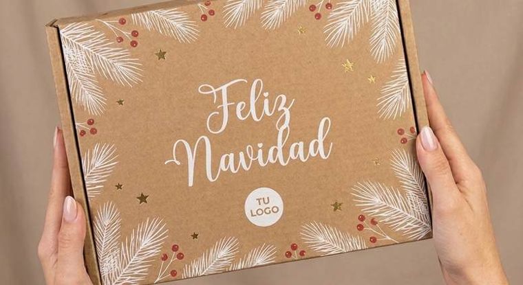 Caja mailer kraft con plumas blancas y el texto Feliz Navidad