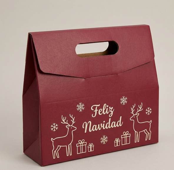 Caja vino con asa, renos y el texto Feliz Navidad
