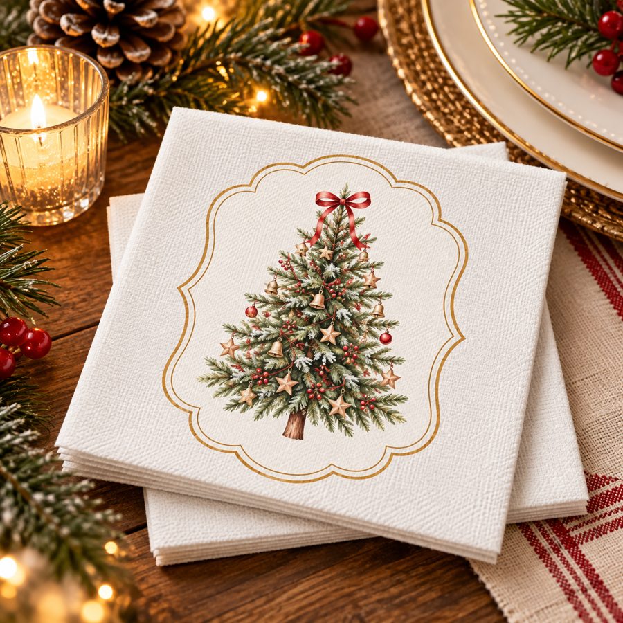 Servilletas de textura de lino con un árbol de Navidad ilustrado dentro de un marco dorado
