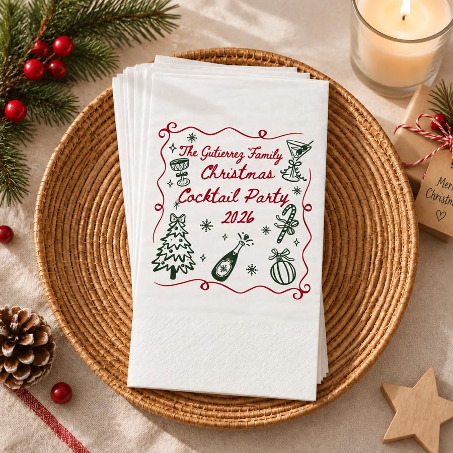 Hand towels blancos sobre un plato de mimbre, con un diseño ilustrado de cocktail party navideño