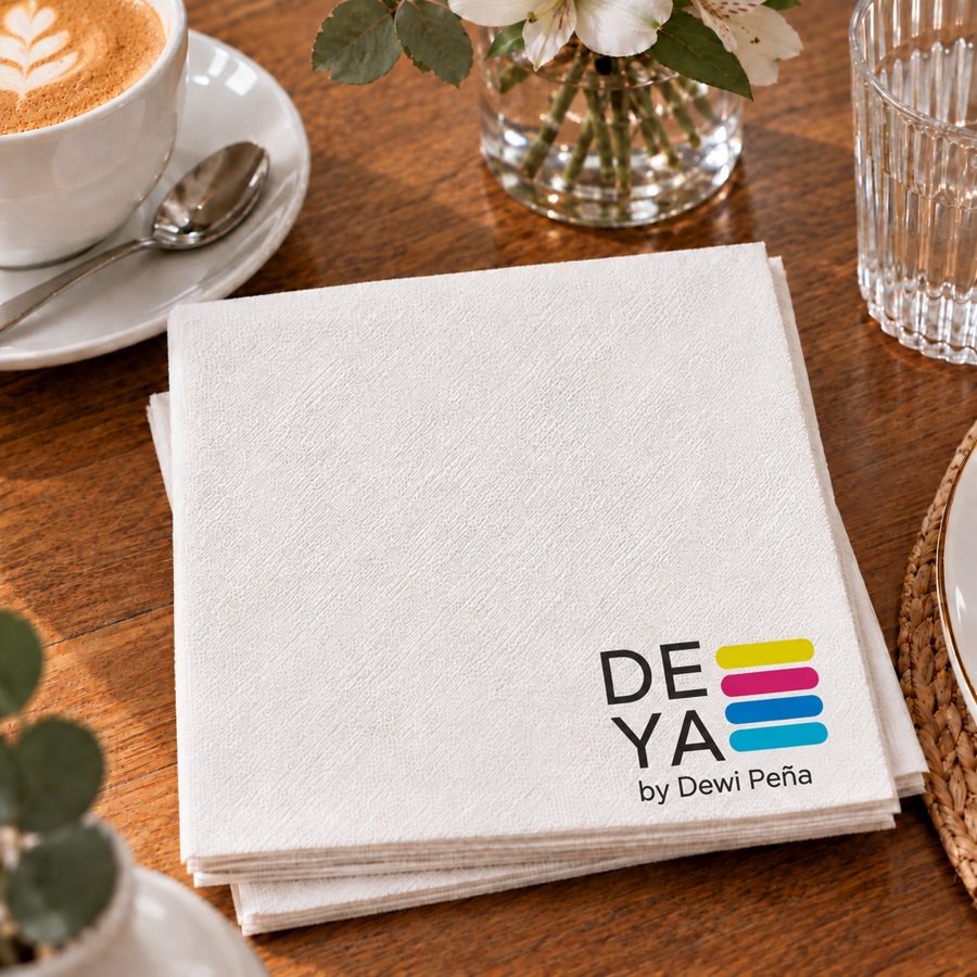 Servilletas de textura de lino con logo corporativo a color en la esquina, junto a una taza de café