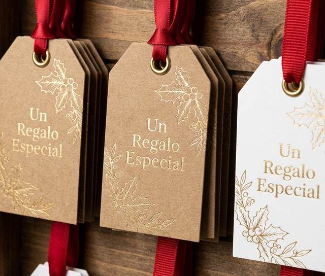 Tags kraft y blancos con acebo dorado y el texto Un Regalo Especial