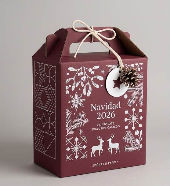 Lunch box vino con motivos blancos de muérdago, venados y el texto Navidad 2026